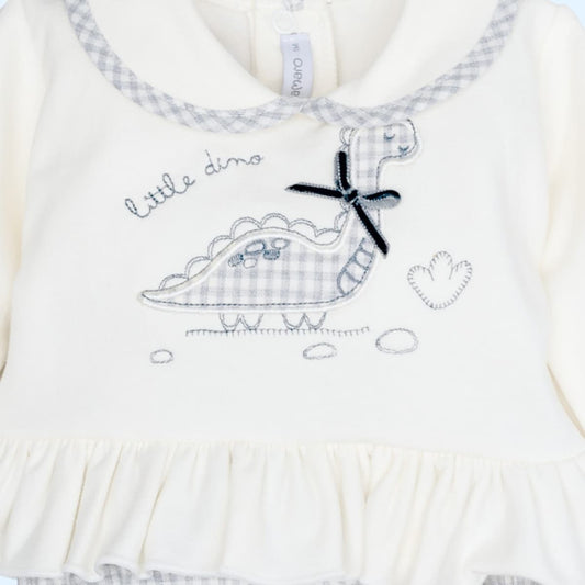 Conjunto para bebé niña con sudadera crudo con volante, dinosaurio y pololo de cuadros Calamaro Foz 621111367 (Modelo 11367)