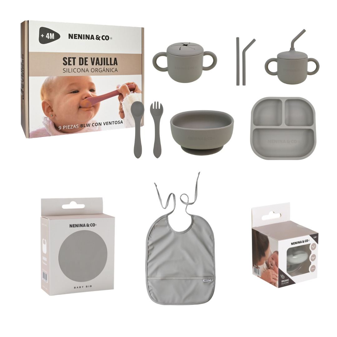 Kit Deluxe Babero + Vajilla BLW Gris 9 Piezas de Silicona orgánica con ventosas Nenina & Co