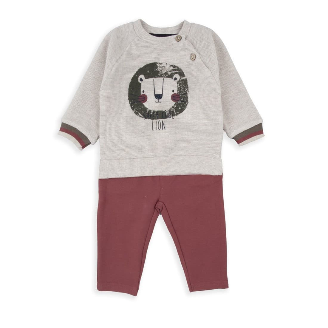 Conjunto bebé Babybol 522152100 Sudadera beige con estampado león y pantalón burdeos