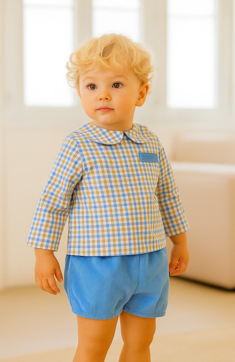 Conjunto bebé niño camisa de cuadros y culetín celeste Alma Petit 422107045