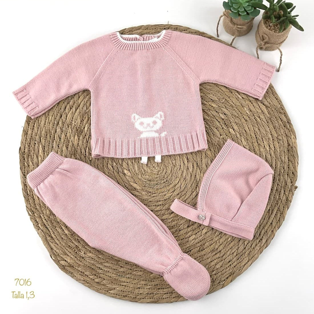 Conjunto primera puesta bebé lana rosa gatito 421107016