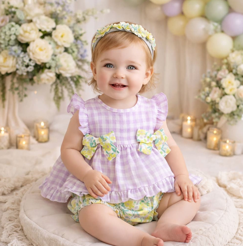 Conjunto bebé niña cuadros lila con lazos – Alma Petit 622005027
