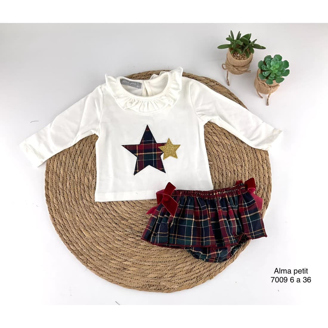 Alma Petit 522107009 Ensemble bébé fille Star T-shirt blanc et culotte tartan
