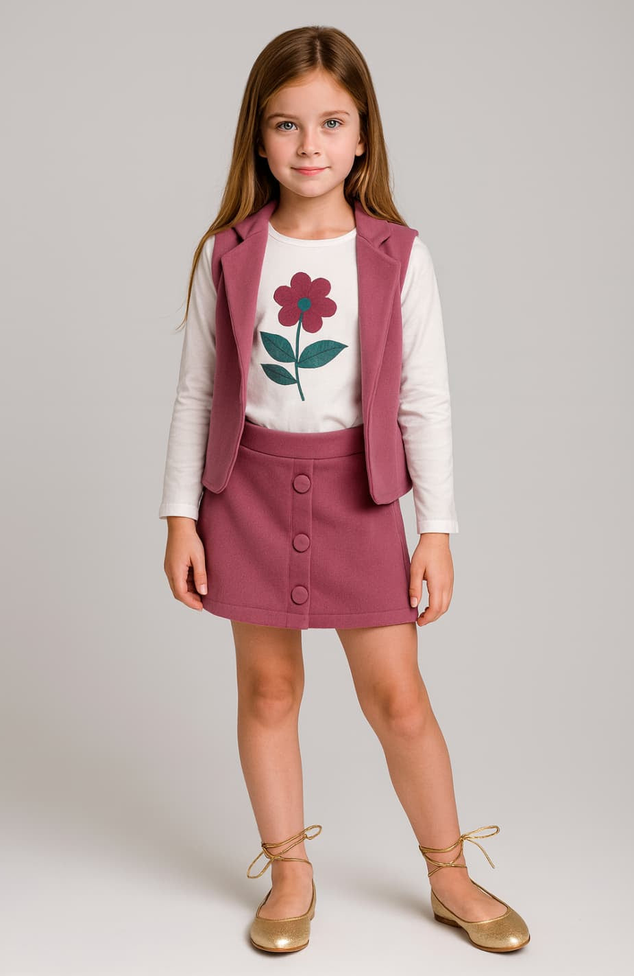 Alma Petit 522107017 Conjunto Coelho Menina T-Shirt Bordada e Saia Azul com Laço Vichy