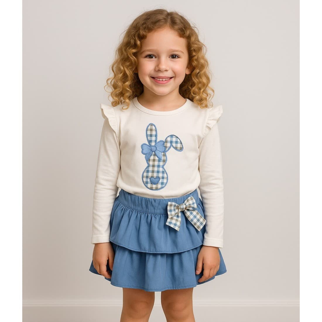 Conjunto niña Alma Petit 522107017 Conejo Camiseta bordada y falda azul con lazo vichy