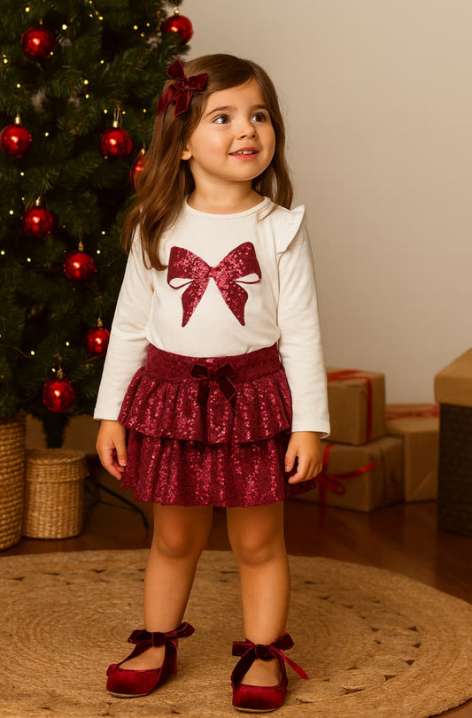 Alma Petit 522107017 Conjunto Coelho Menina T-Shirt Bordada e Saia Azul com Laço Vichy