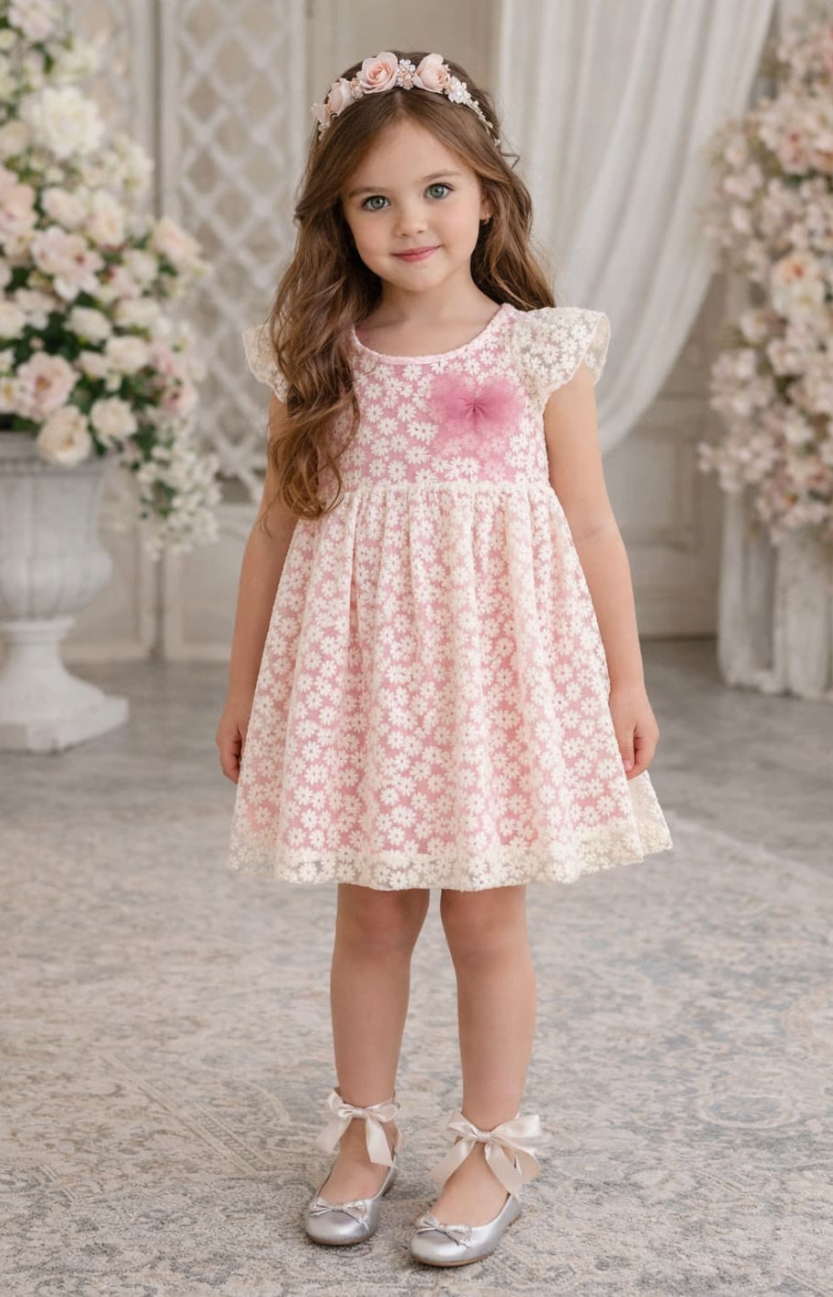Vestido niña rosa empolvado con margaritas y lazo tul Alma Petit 522008033