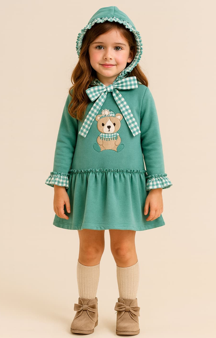 Vestido para menina Alma Petit 522107003, detalhes em estrela de pelúcia granada e xadrez