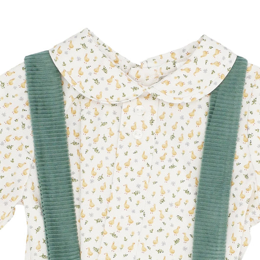 Conjunto Pinóquio para Bebé e Criança com Camisola Floral e Calça Suspensória em Veludo Verde Baby-Ferr 25370 (6 meses aos 5 anos)