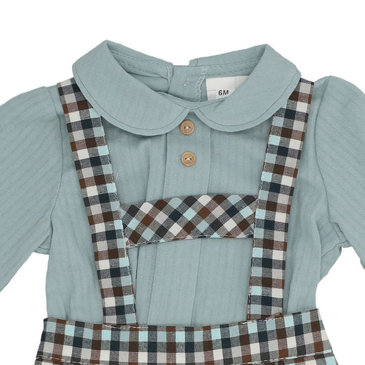 Conjunto Pinóquio para Bebé e Criança com Camisa Verde e Calça Suspensória Xadrez Baby-Ferr 25372 (6 meses aos 5 anos)
