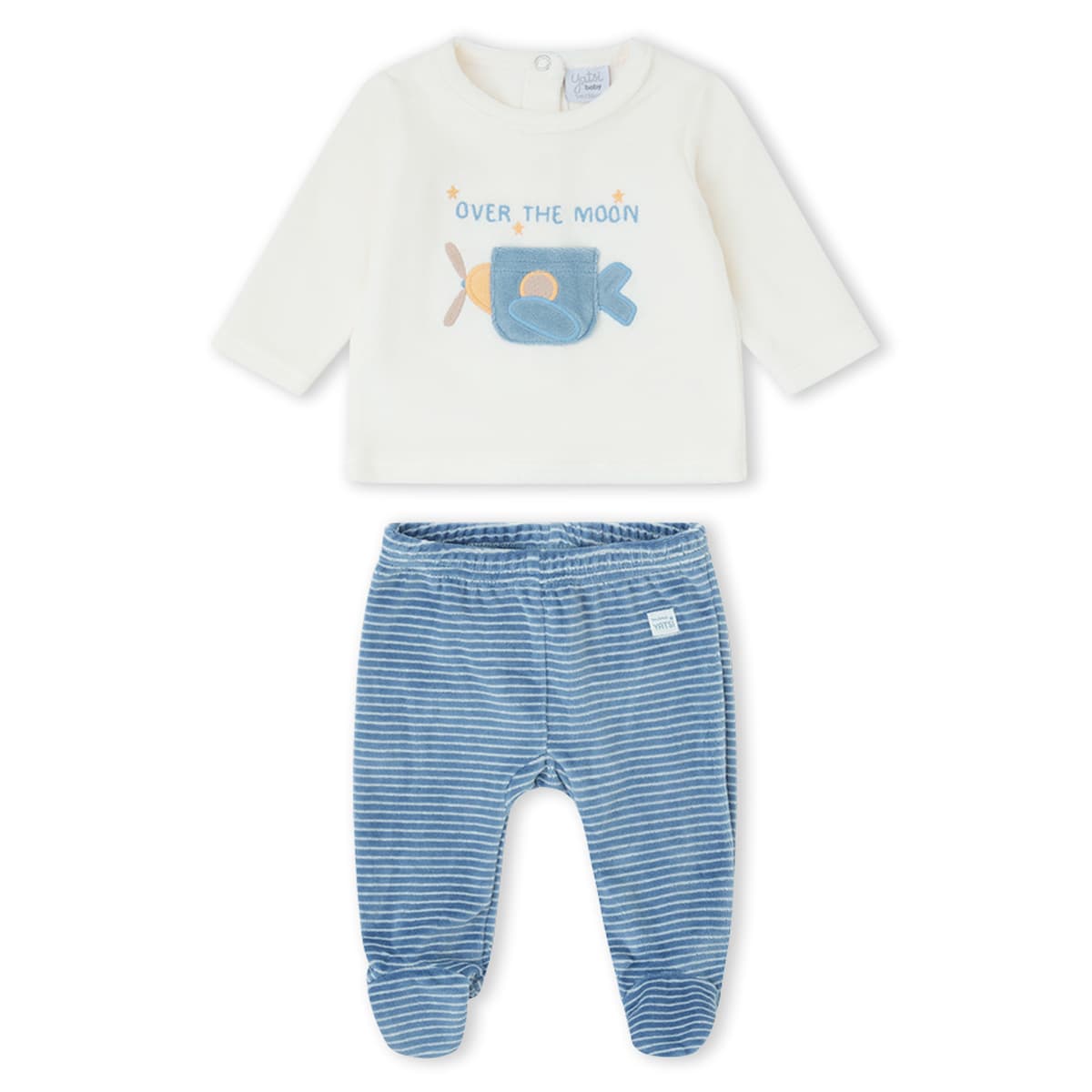 Conjunto de bebé recién nacido de dos piezas en terciopelo tundosado con camiseta y polaina a rayas azul Yatsi Baby Referencia 26200207 - Diseñado en España