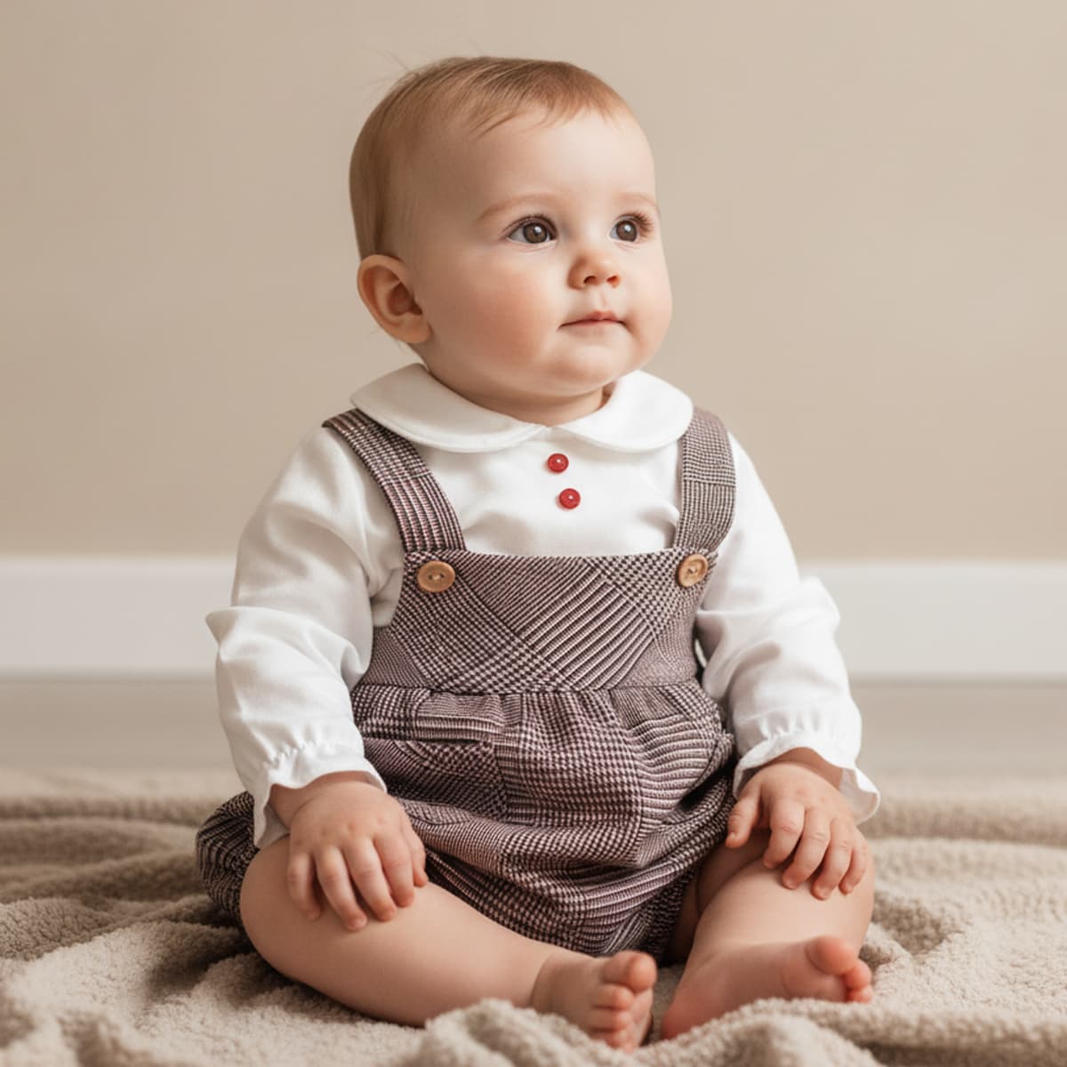 Conjunto de bebé de dos piezas con blusa blanca y peto rana en cuadro Gales Baby Ferr Colección Gales Referencia 26287 - Fabricado en España