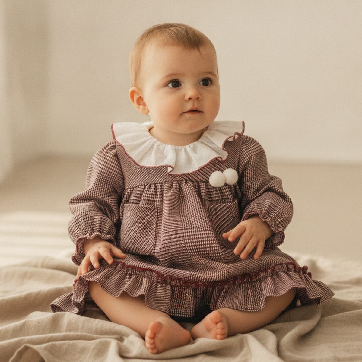 Conjunto jesusito de bebé niña con braguita cubrepañal en cuadro Gales Baby Ferr Colección Gales Referencia 26432 - Fabricado en España