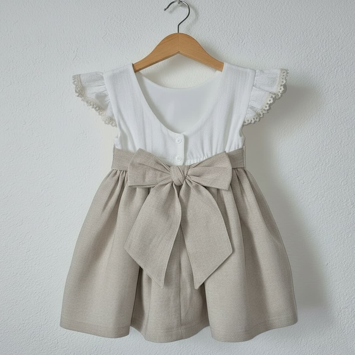 Vestido infantil ceremonia en color camel con puntilla y lazada trasera Baby Ferr 26544