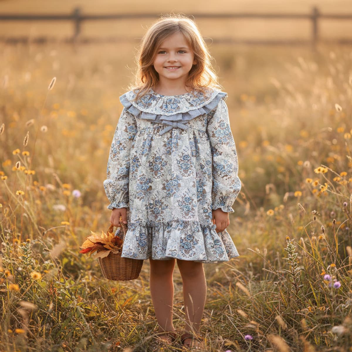 Vestido de niña con estampado floral, cuello de batista y lazo colección Victoriano Modelo 26668 - Fabricado en España