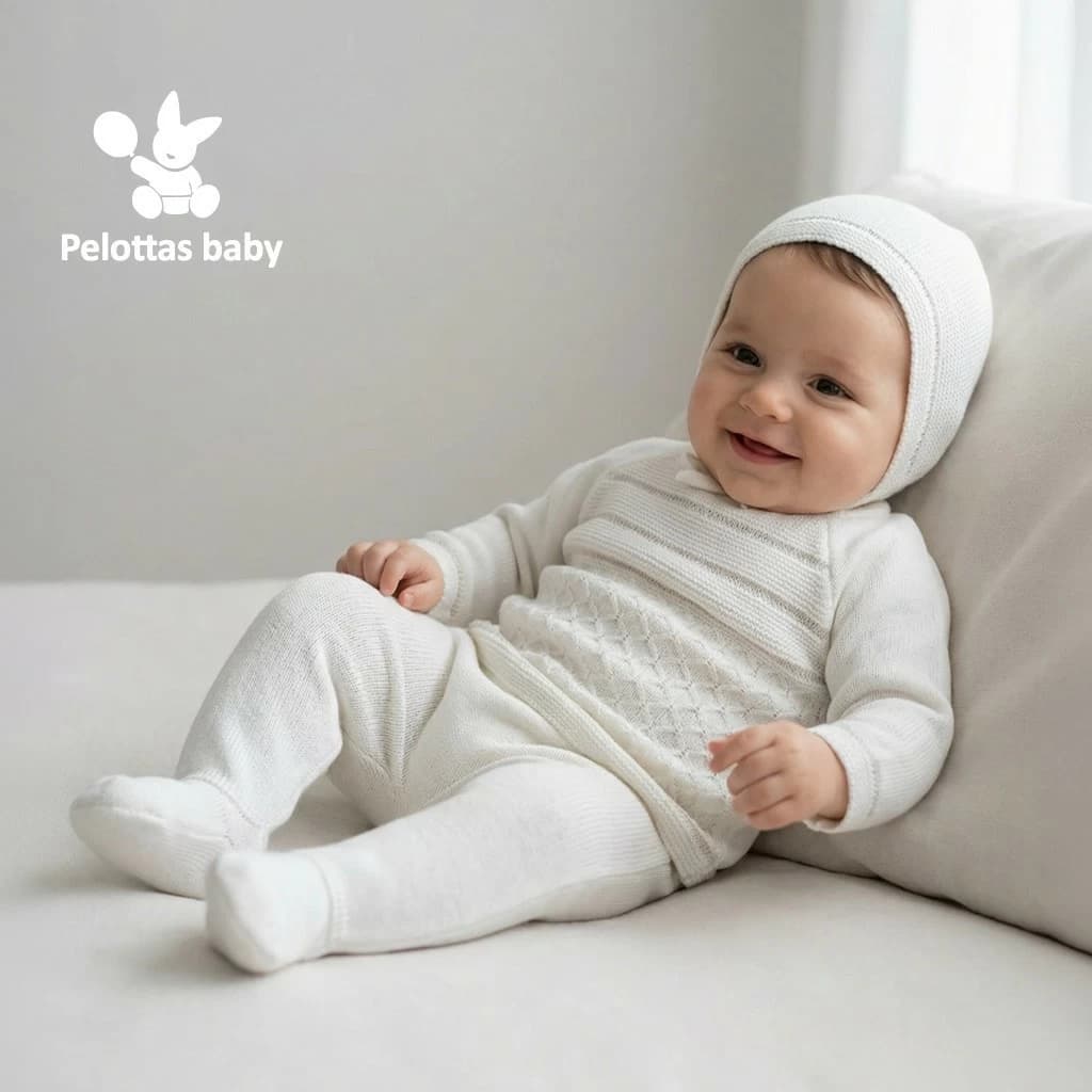Ensemble bébé en laine Glory – Bleu clair à pompons 27109 (0 à 6 mois)