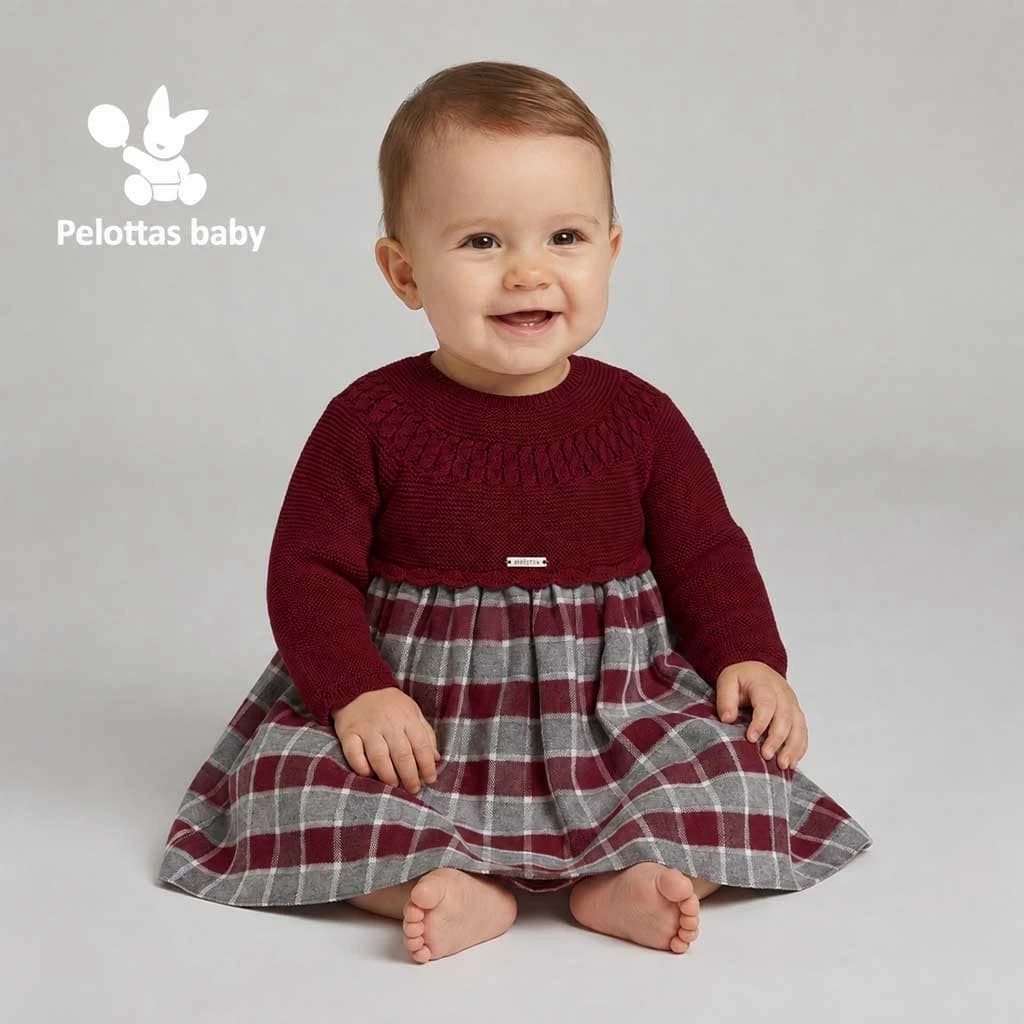Vestido combinado de bebé niña en punto burdeos y falda a cuadros Pelottas 26V2700