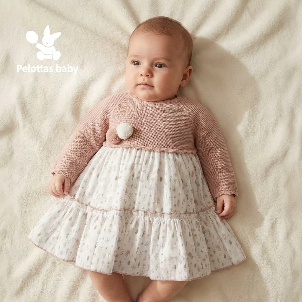 Vestido de punto para bebé niña en rosa empolvado con falda floral Pelottas 26V2705