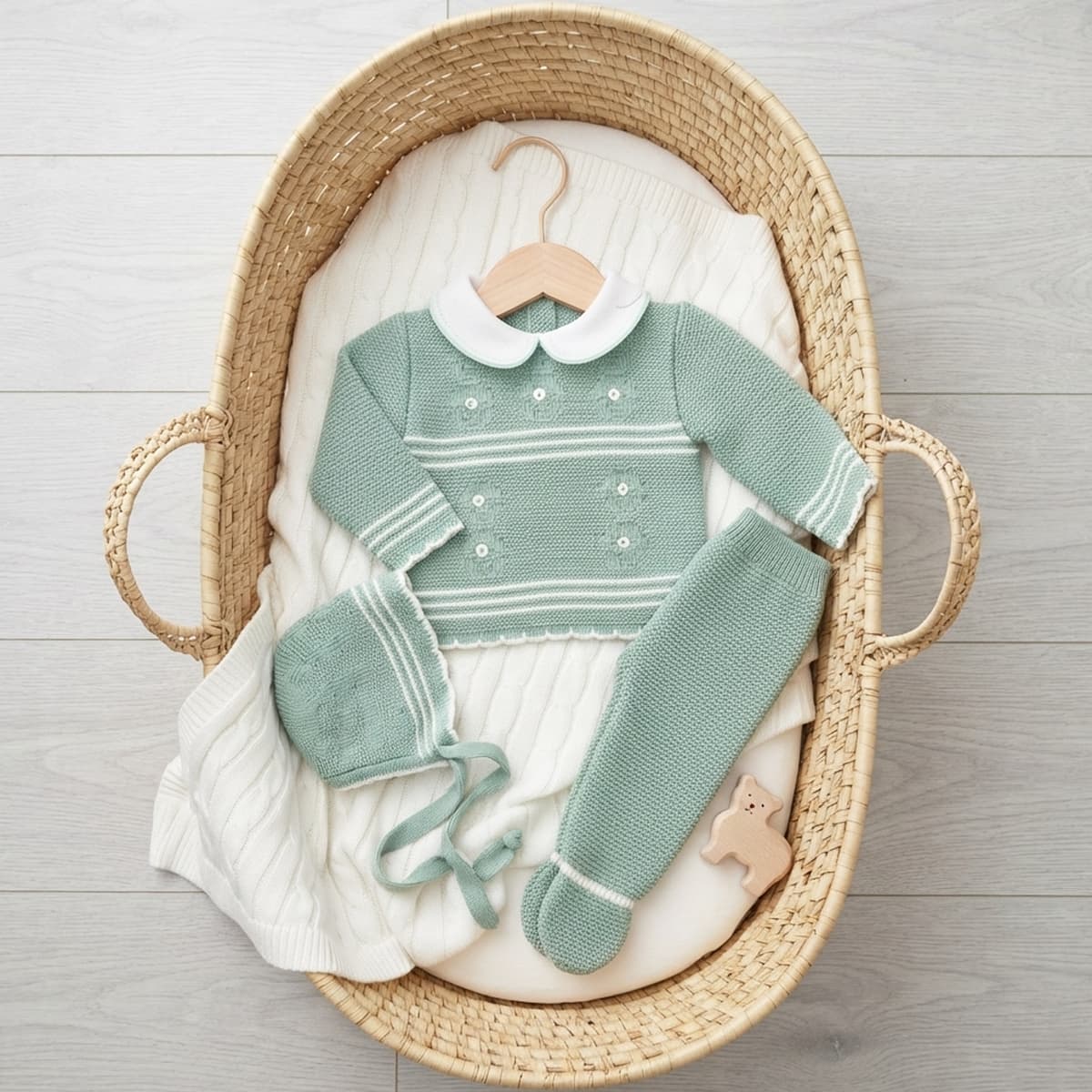 Conjunto de lã Glory Baby – Azul Claro com Pompons 27109 (0 a 6 meses)