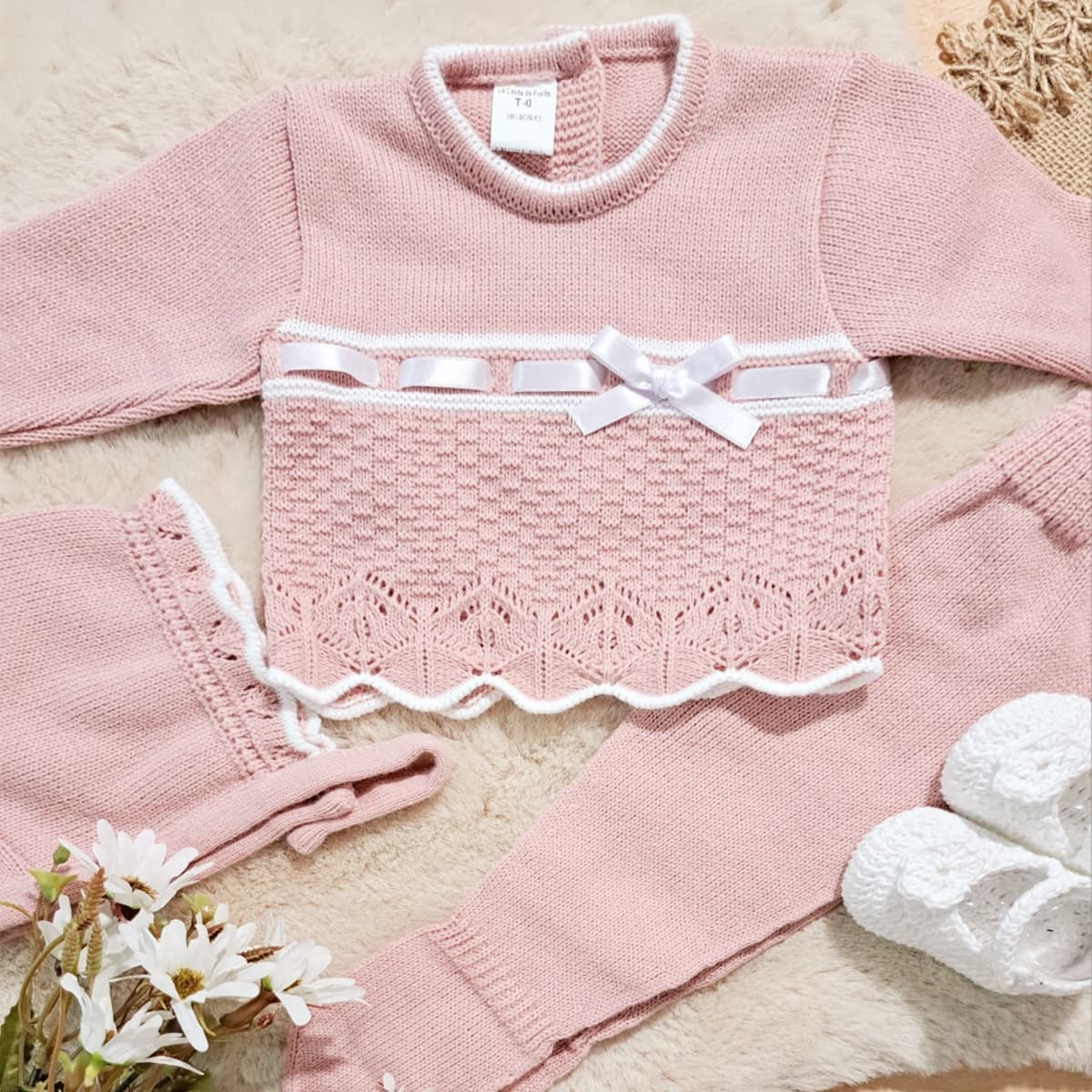 Conjunto bebé primera puesta de lana 3311 Maquillaje Casita de Pepito cinta lacito