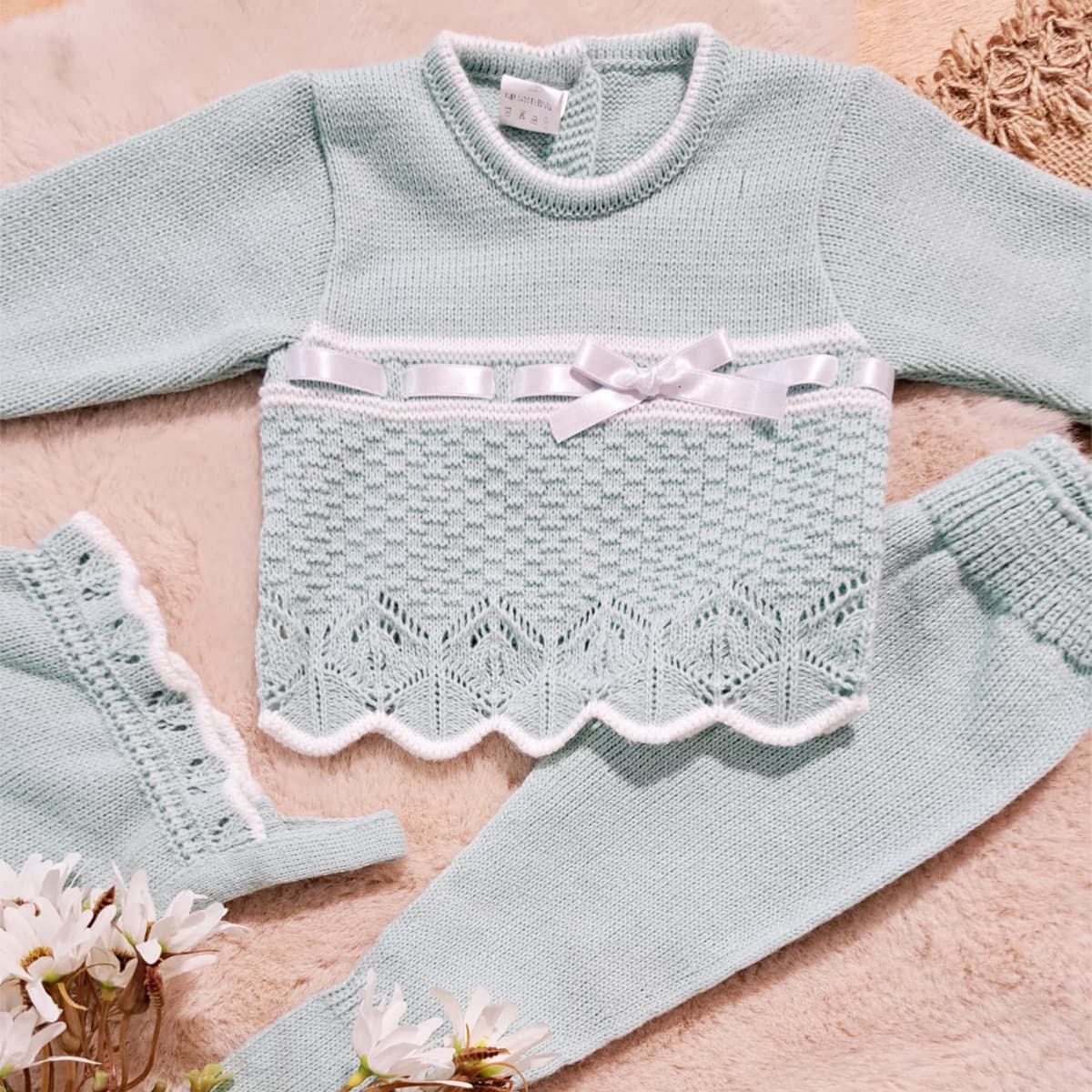 Première tenue en laine pour bébé 3311 Green Pepito's House avec nœud en ruban