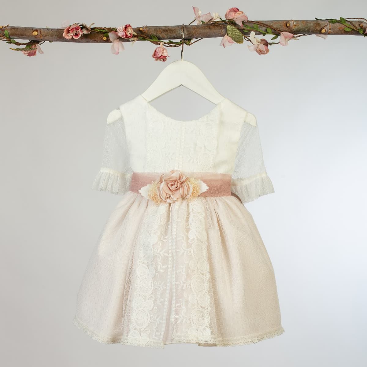 Vestido ceremonia crudo/rosa media manga – Lilus 36160