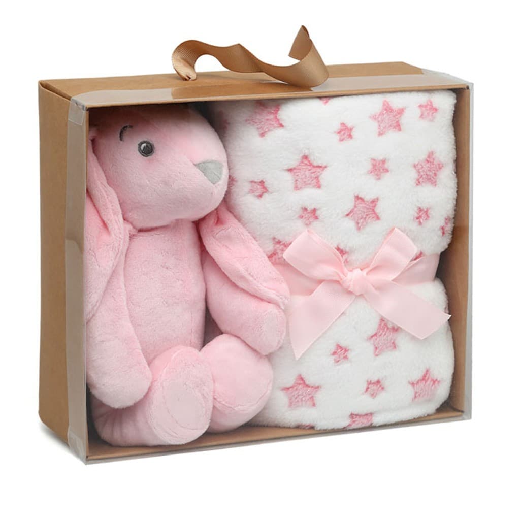 Peluche conejo rosa con manta de estrellas KIOKIDS 5846 – Dulzura, suavidad y compañía para el bebé
