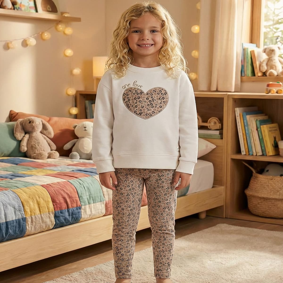 Conjunto infantil de dos piezas para niña de sudadera corazón leopardo y leggings Waterlemon 8417