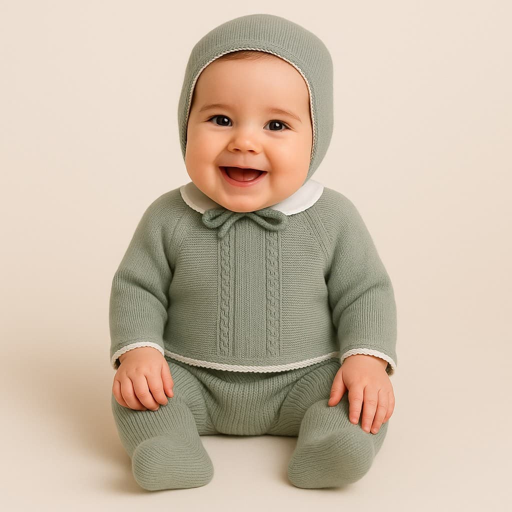 Conjunto de punto bebé 3 piezas con gorro cuelo bebé verde Pelottas 9005 Polaina, jersey y gorrito