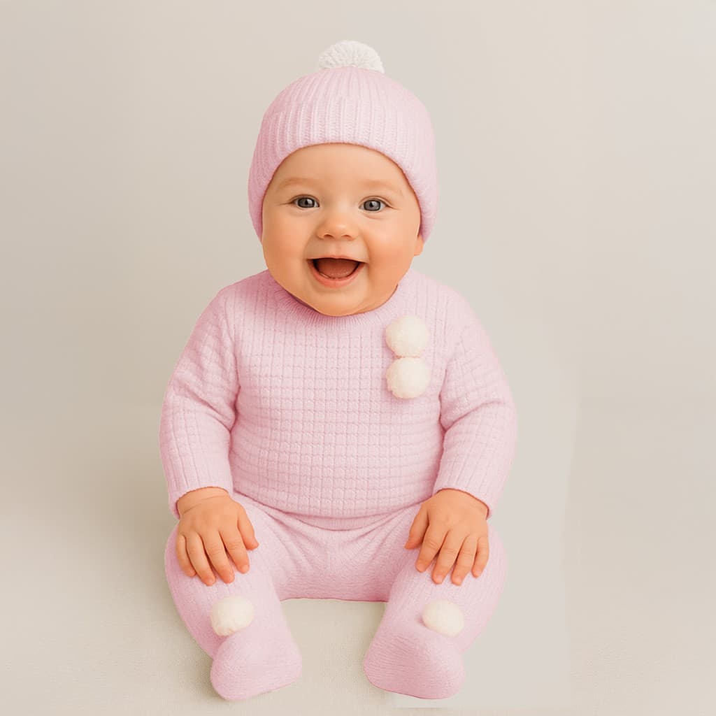 Conjunto de punto bebé 3 piezas con gorro rosa crudo Pelottas 9006 Polaina, jersey y gorrito