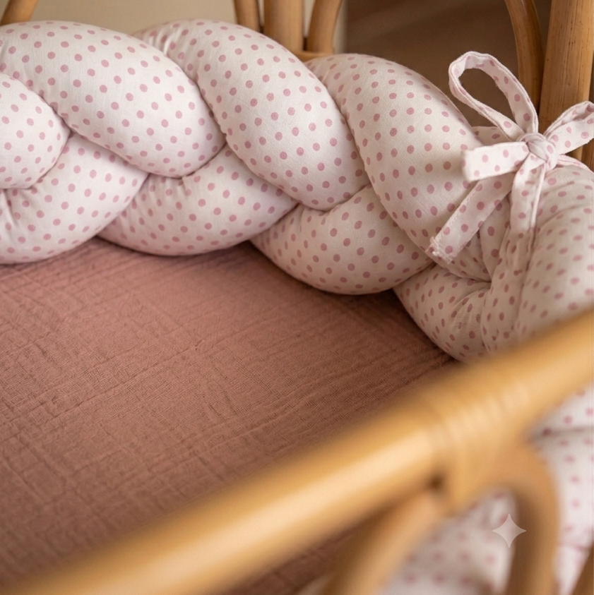 Trenza Protectora de Cuna y Cama Artesanal - Blanco Lunar Rosa