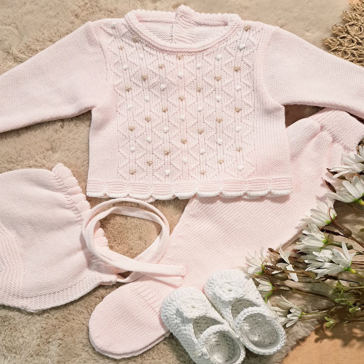 Ensemble bébé en laine Glory – Bleu clair à pompons 27109 (0 à 6 mois)