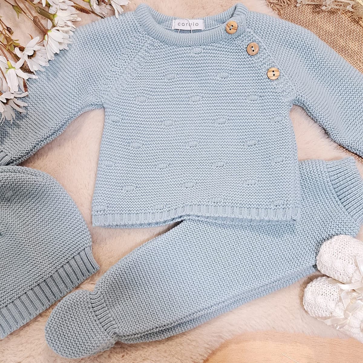 Ensemble 3 pièces en laine pour bébé, rayures blanches et beiges, 3315 La Casita de Pepito (0 à 3 mois)