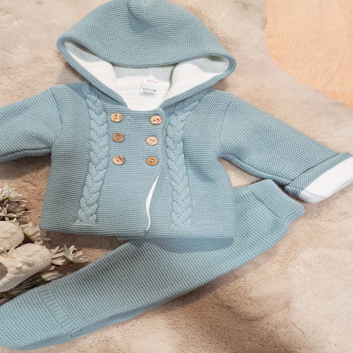 Conjunto de lana verde con capucha para bebé Pelottas Kids C7017 abrigo trenzado y polaina cálida