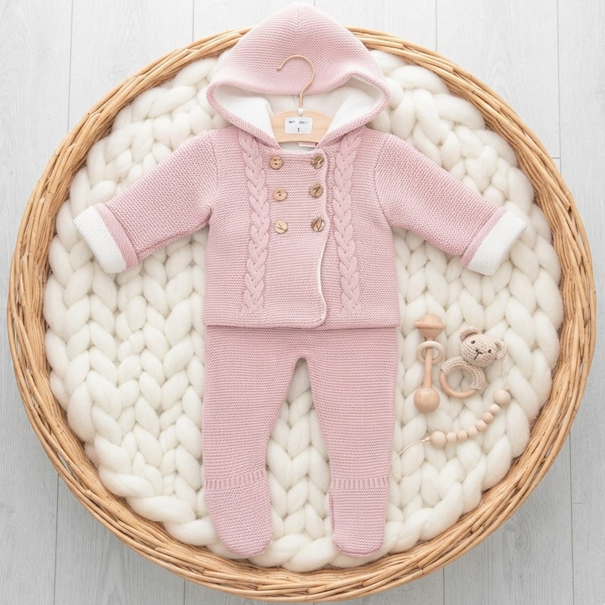 Conjunto de 3 peças de malha para bebé com gorro Pelottas 9006. Leggings, camisola e gorro.