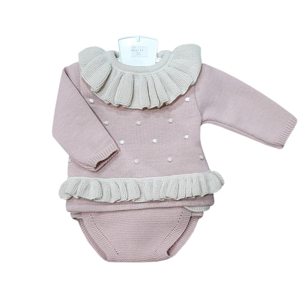 Robe bébé en laine Pelottas – Rose poudré à volants C7514 (0 à 6 mois)