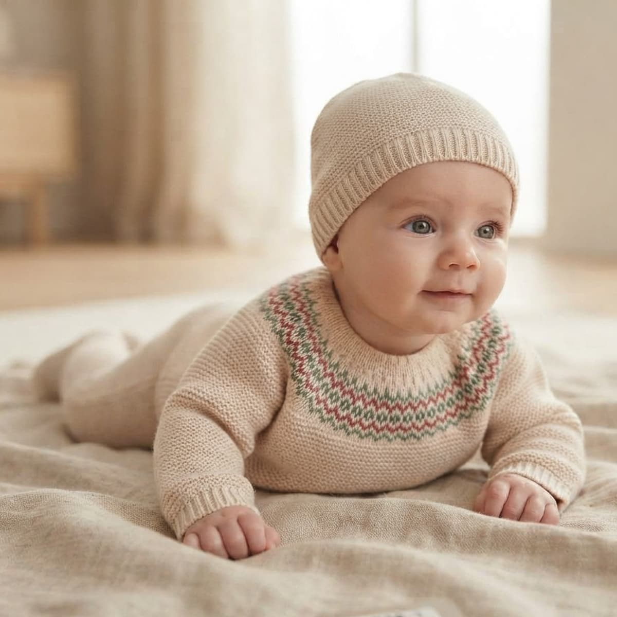 Conjunto de tres piezas para bebé en punto bobo crudo con jersey de cuello labrado, polaina y gorro Don Algodón DAB-1G - Fabricado en España