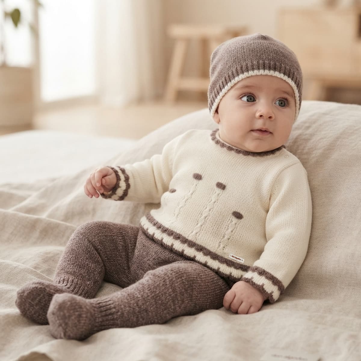 Conjunto de tres piezas para bebé en punto bobo crudo y topo con gorro, jersey y polaina Don Algodón DAB-40600G - Fabricado en España