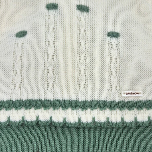 Conjunto de primera puesta de tres piezas en punto bobo crudo y verde agua don algodón Referencia DAB-40600G - Fabricado en España