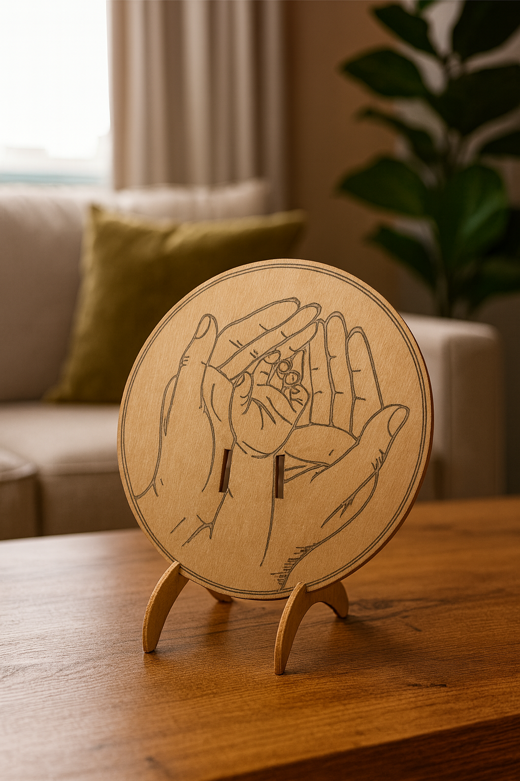 Recuerdo de nacimiento en madera – Manos de madre y bebé con pulsera hospitalaria