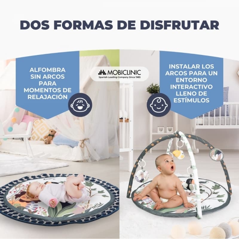 Alfombra de actividades para bebés 5 juguetes 2 arcos Desarrollo sensorial Interactivo Dreamland Gris Mobiclinic