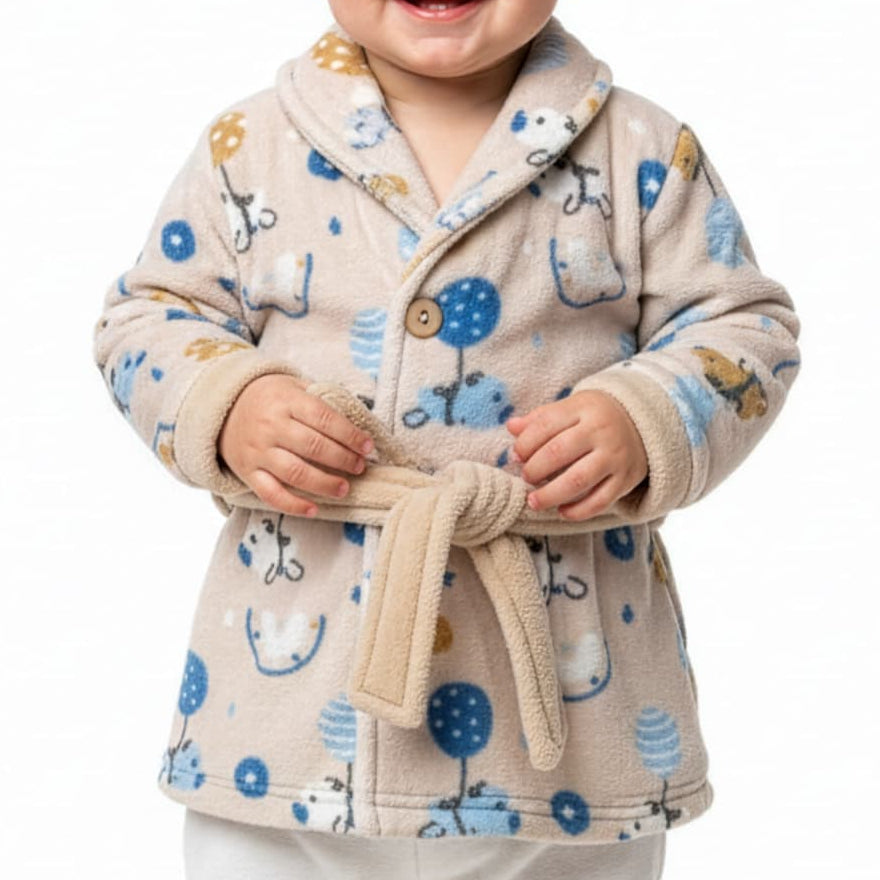 Batín para bebé niño de coralina beige con estampado en tonos azul y mostaza Kinanit 625708327