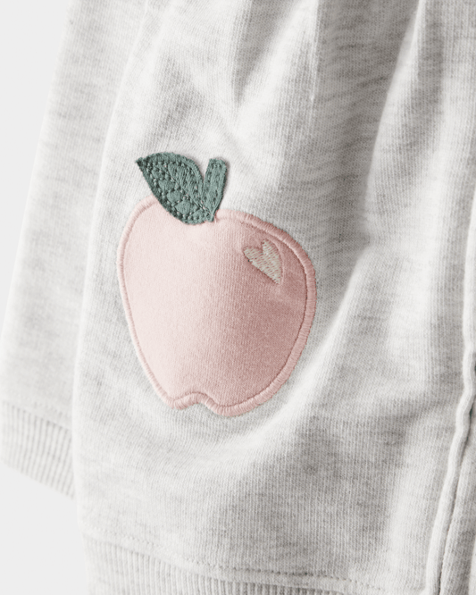 Conjunto 3 piezas cárdigan gris con manzana, body y pantalón