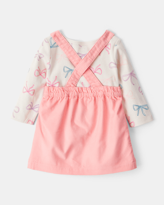 Conjunto 3 piezas con vestido jumper coral y lazos