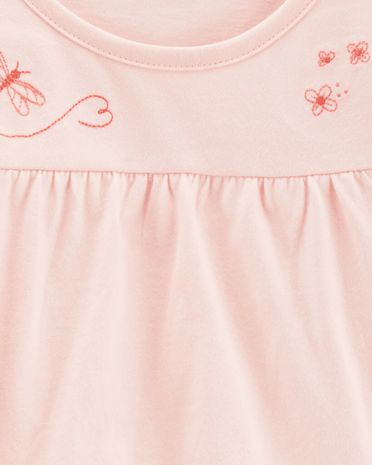 Conjunto 4 piezas, camiseta de algodón, calza, turbante y calcetines, diseño de libélulas en color rosa