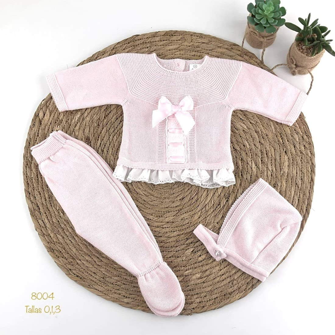 Conjunto primera puesta para bebé de perlé 8004 Pelottas Rosa cinta lazo