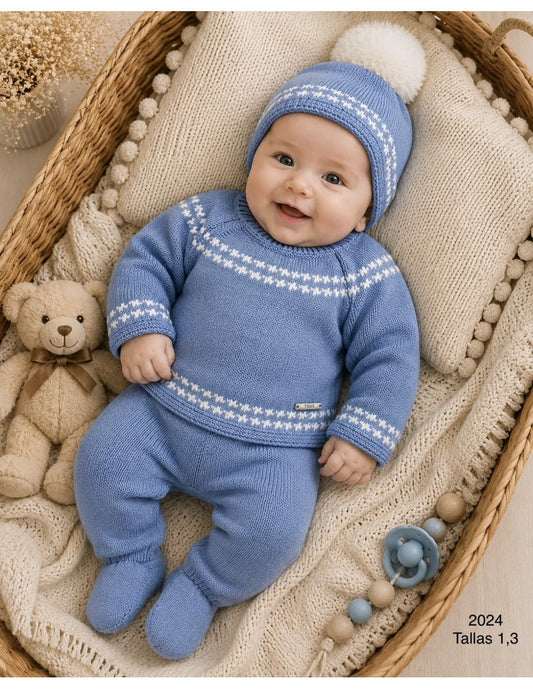 Conjunto de bebé de lana primera puesta 3 piezas con polaina y gorro Pelottas 621102024 Azul