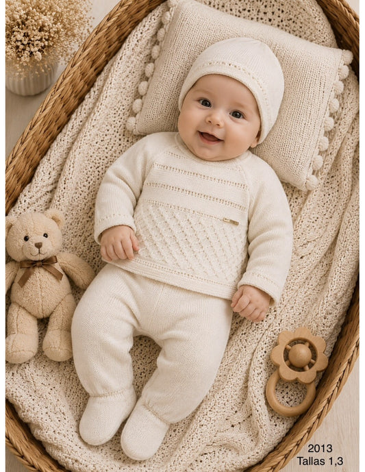 Conjunto primera puesta bebé de lana 3 piezas con polaina y capota Pelottas 621102013 Crudo
