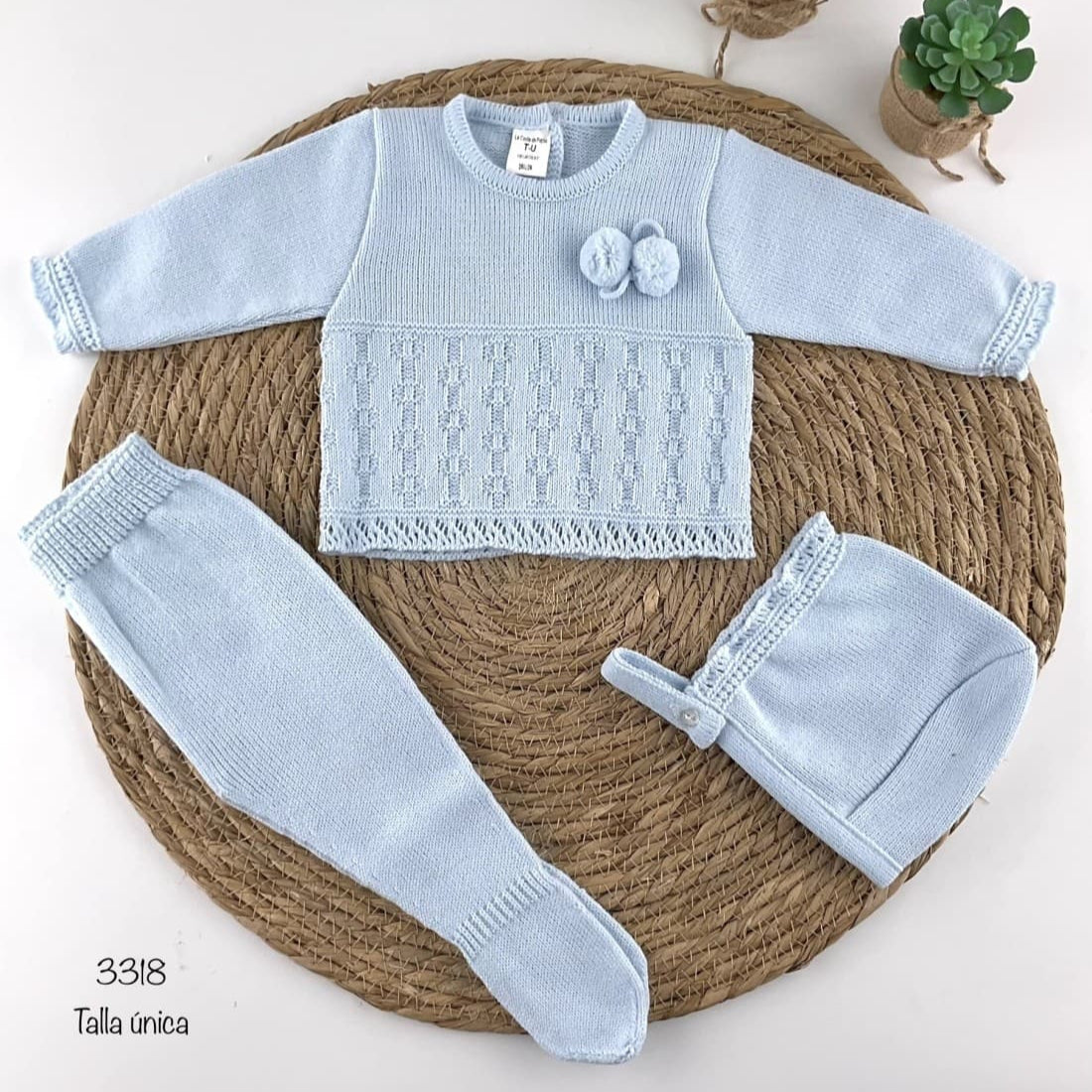 Conjunto bebé primera puesta de lana 3318 Azul La Casita de Pepito borlas