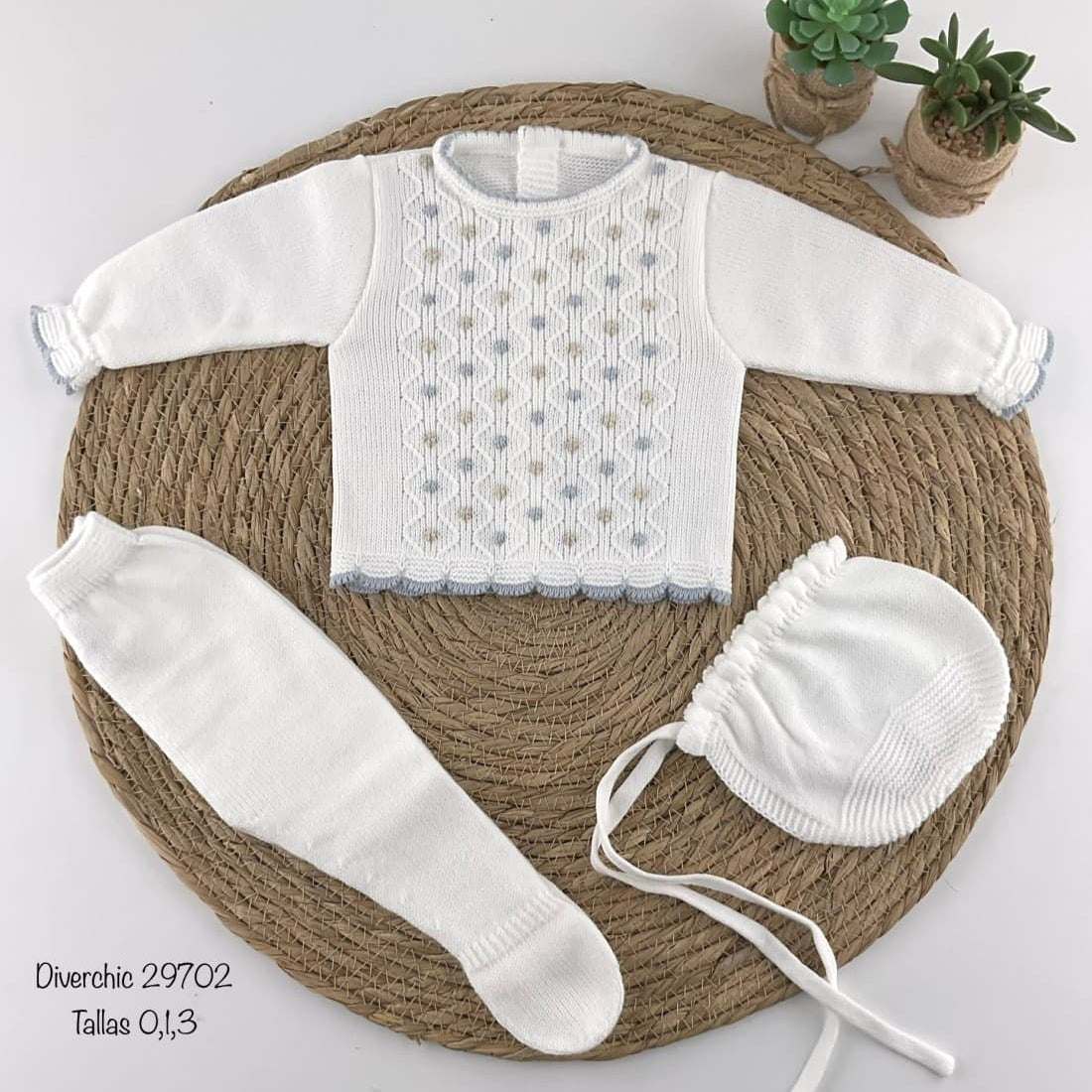 Conjunto bebé primera puesta de lana 29702 Diverchic Blanco topos